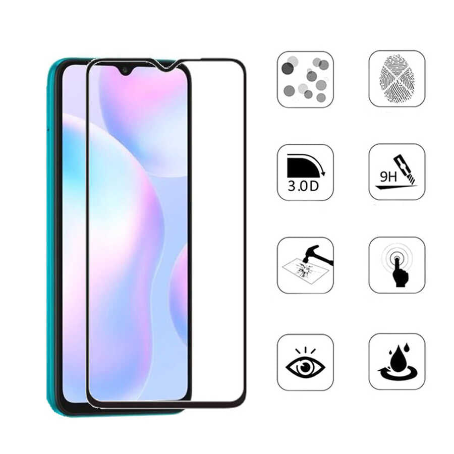 Xiaomi Redmi 9A Zore Kenarları Kırılmaya Dayanıklı Cam Ekran Koruyucu Siyah