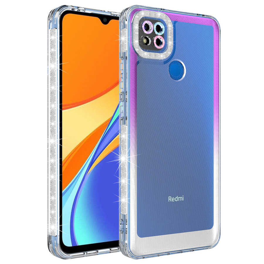 Xiaomi Redmi 9C Kılıf Simli ve Renk Geçiş Tasarımlı Lens Korumalı Zore Park Kapak Yeşil-Mavi