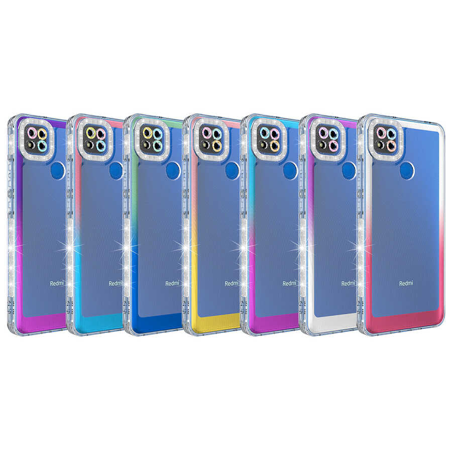 Xiaomi Redmi 9C Kılıf Simli ve Renk Geçiş Tasarımlı Lens Korumalı Zore Park Kapak Mor-Pembe