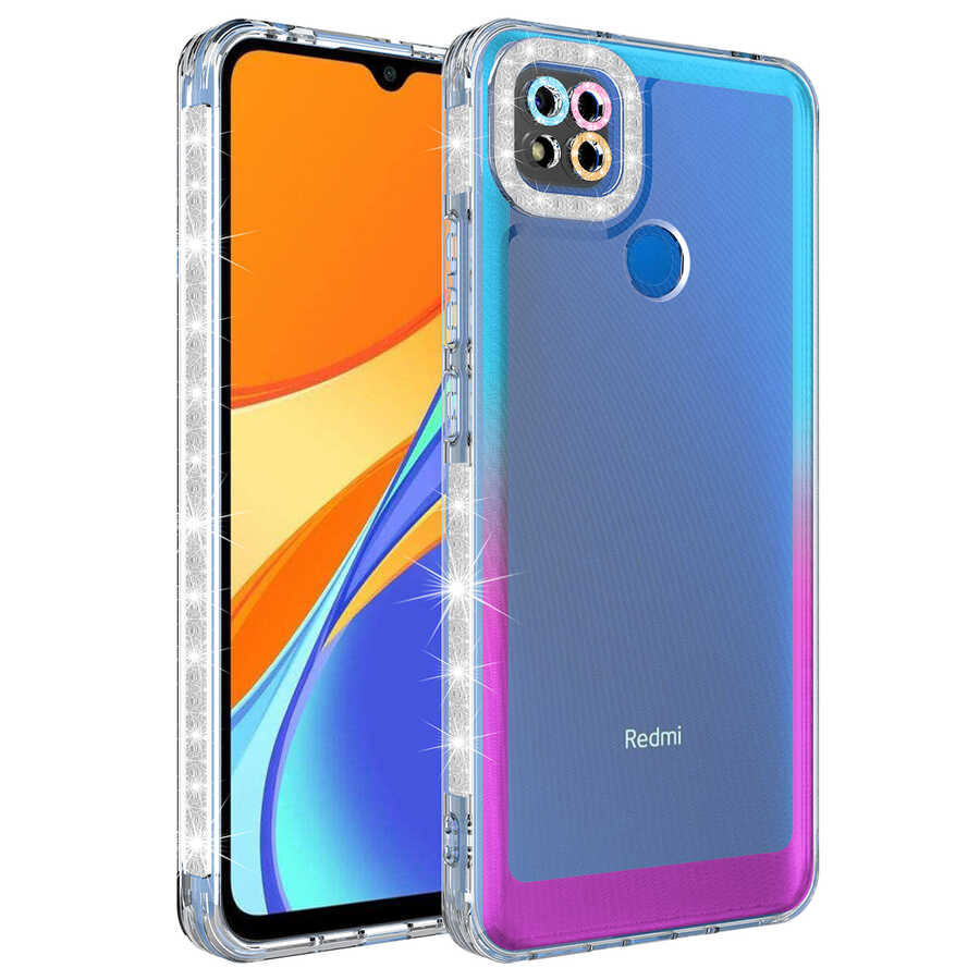 Xiaomi Redmi 9C Kılıf Simli ve Renk Geçiş Tasarımlı Lens Korumalı Zore Park Kapak Mavi-Mor