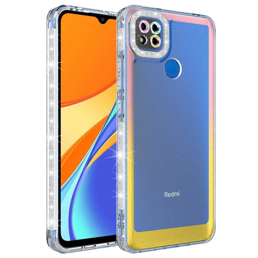 Xiaomi Redmi 9C Kılıf Simli ve Renk Geçiş Tasarımlı Lens Korumalı Zore Park Kapak Pembe-Sarı