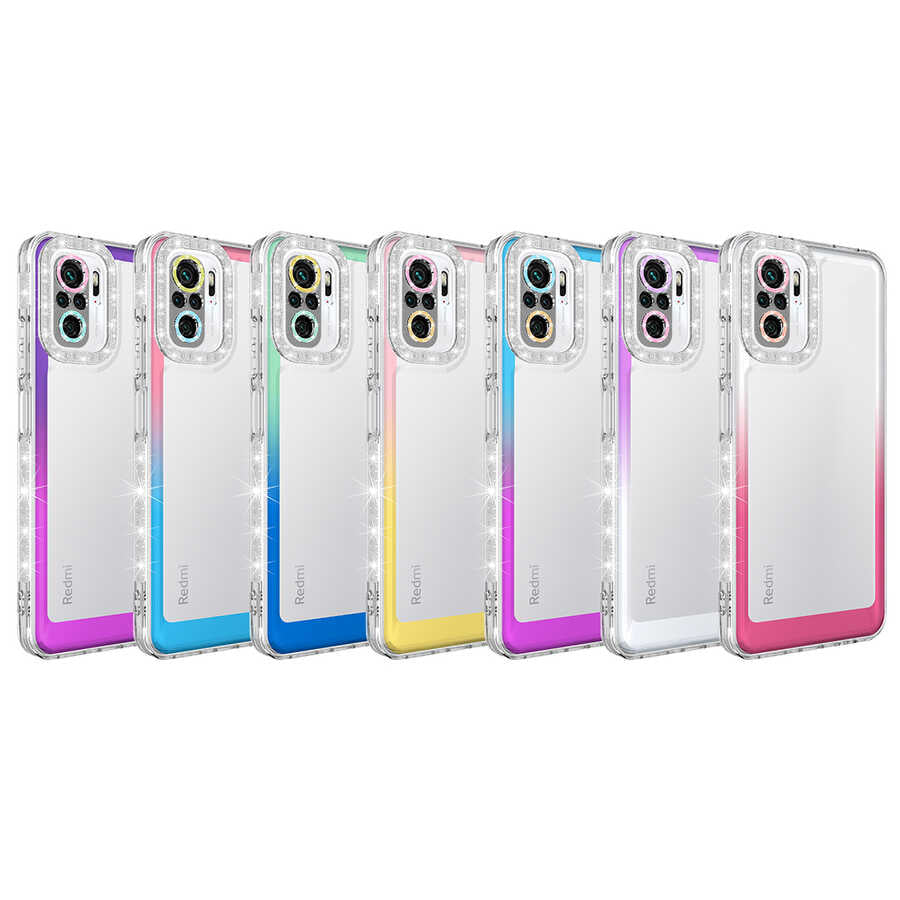 Xiaomi Redmi Note 10 Kılıf Simli ve Renk Geçiş Tasarımlı Lens Korumalı Zore Park Kapak Mavi-Mor