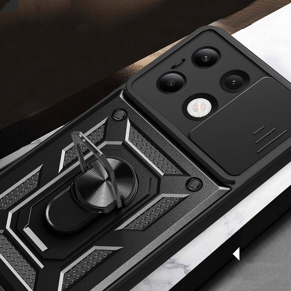 Xiaomi Redmi Note 13 4G Kılıf Magnetik Standlı Kamera Korumalı Zore Sürgülü Vega Kapak Siyah