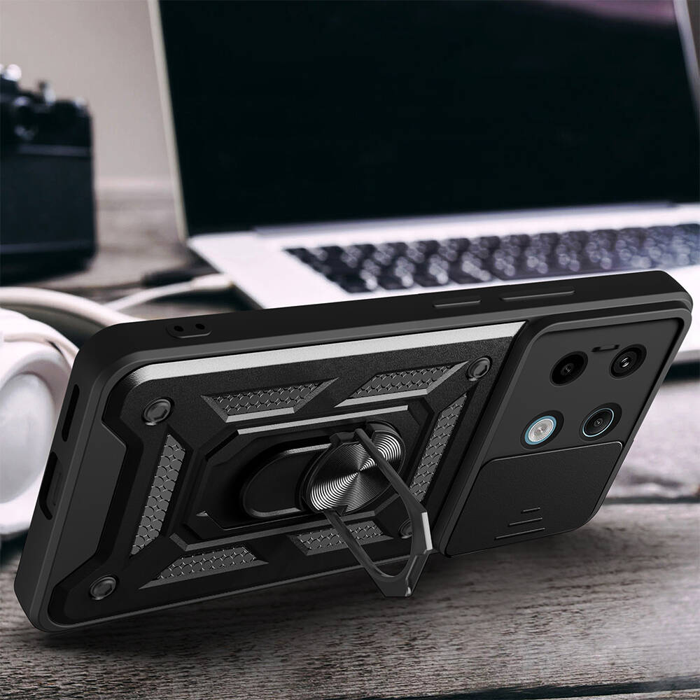 Xiaomi Redmi Note 13 Pro 5G Kılıf Magnetik Standlı Kamera Korumalı Zore Sürgülü Vega Kapak Siyah