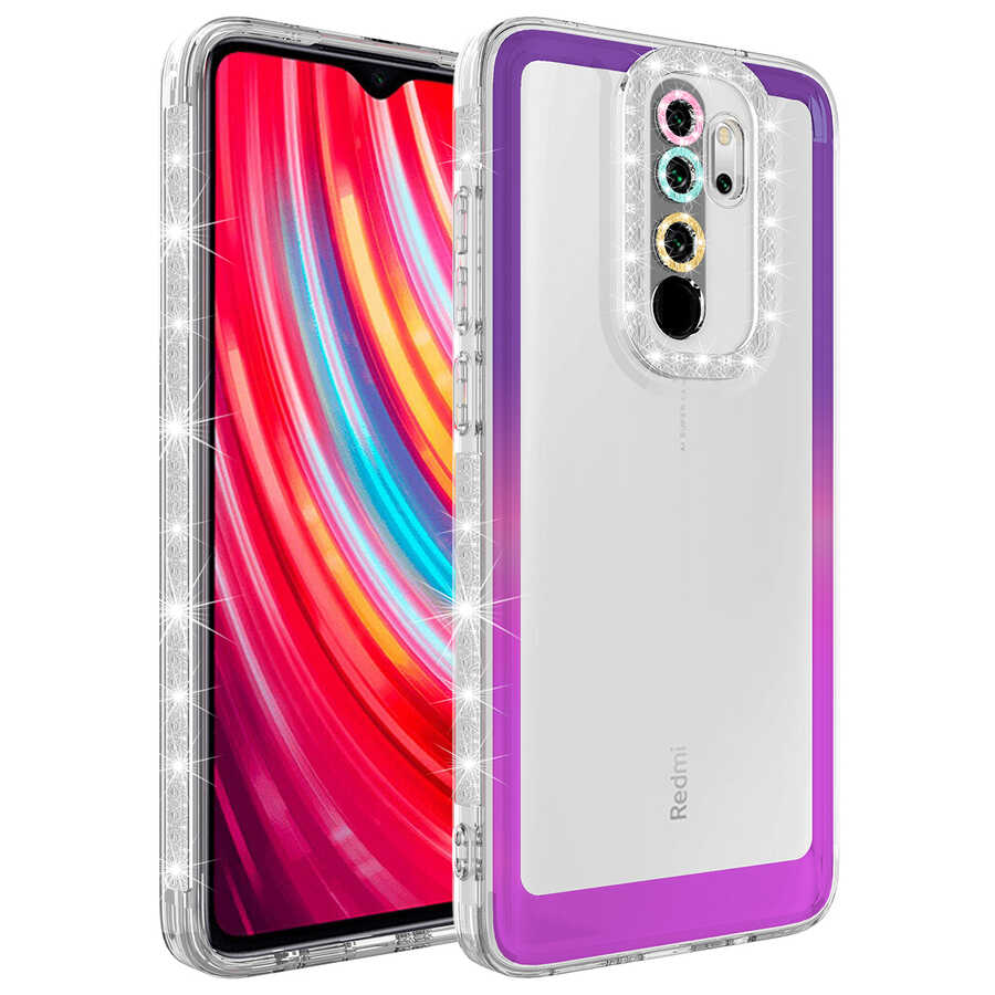 Xiaomi Redmi Note 8 Pro Kılıf Simli ve Renk Geçiş Tasarımlı Lens Korumalı Zore Park Kapak Beyaz-Pembe