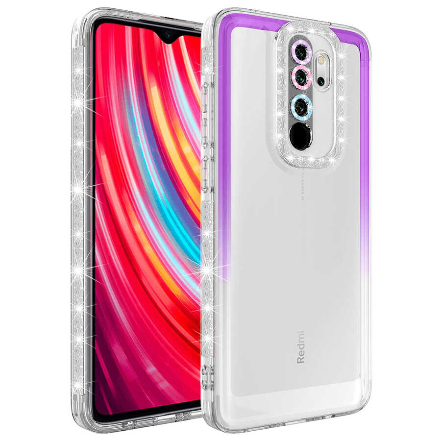 Xiaomi Redmi Note 8 Pro Kılıf Simli ve Renk Geçiş Tasarımlı Lens Korumalı Zore Park Kapak Mor-Beyaz