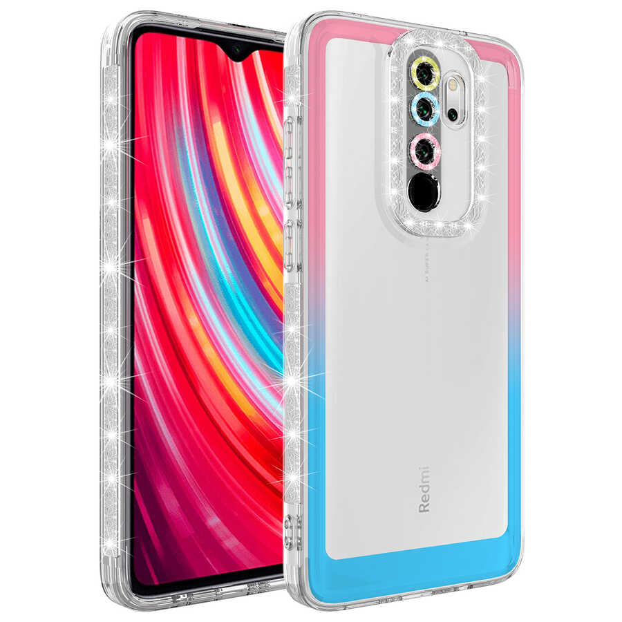 Xiaomi Redmi Note 8 Pro Kılıf Simli ve Renk Geçiş Tasarımlı Lens Korumalı Zore Park Kapak Pembe-Mavi
