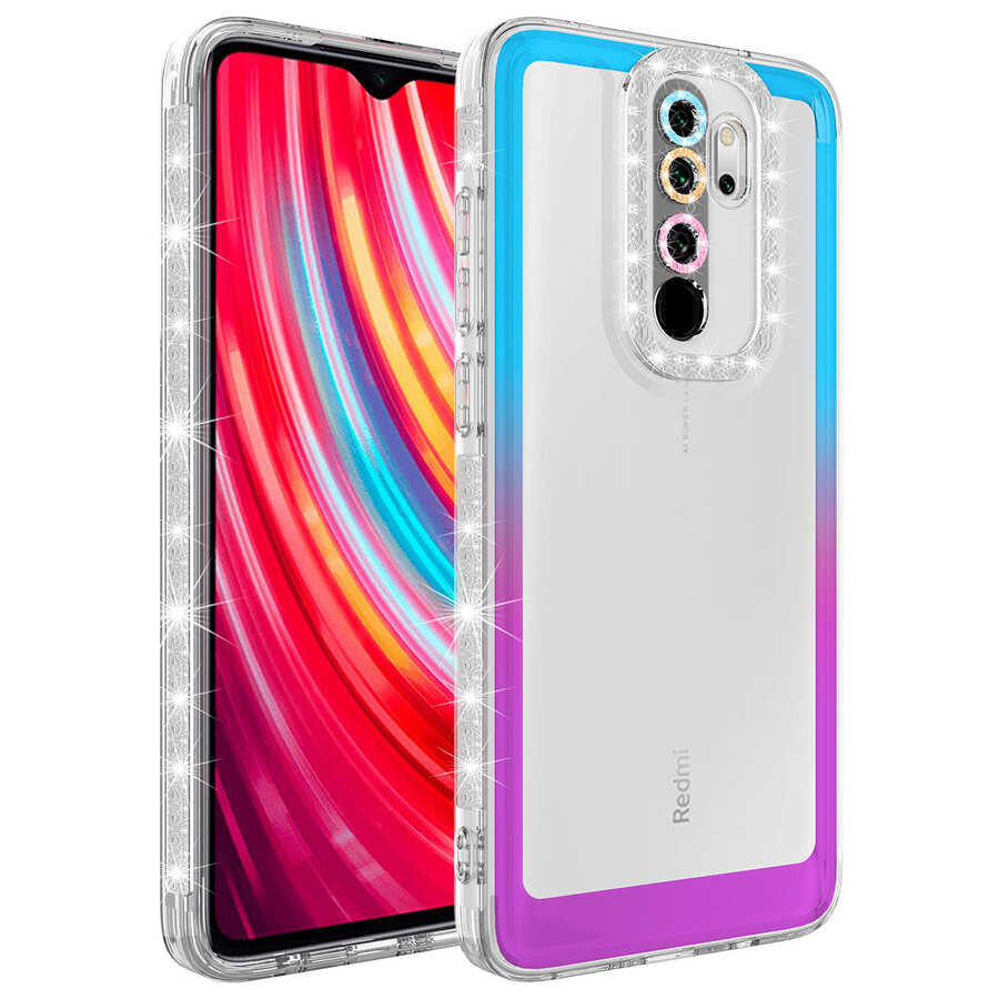 Xiaomi Redmi Note 8 Pro Kılıf Simli ve Renk Geçiş Tasarımlı Lens Korumalı Zore Park Kapak Mavi-Mor