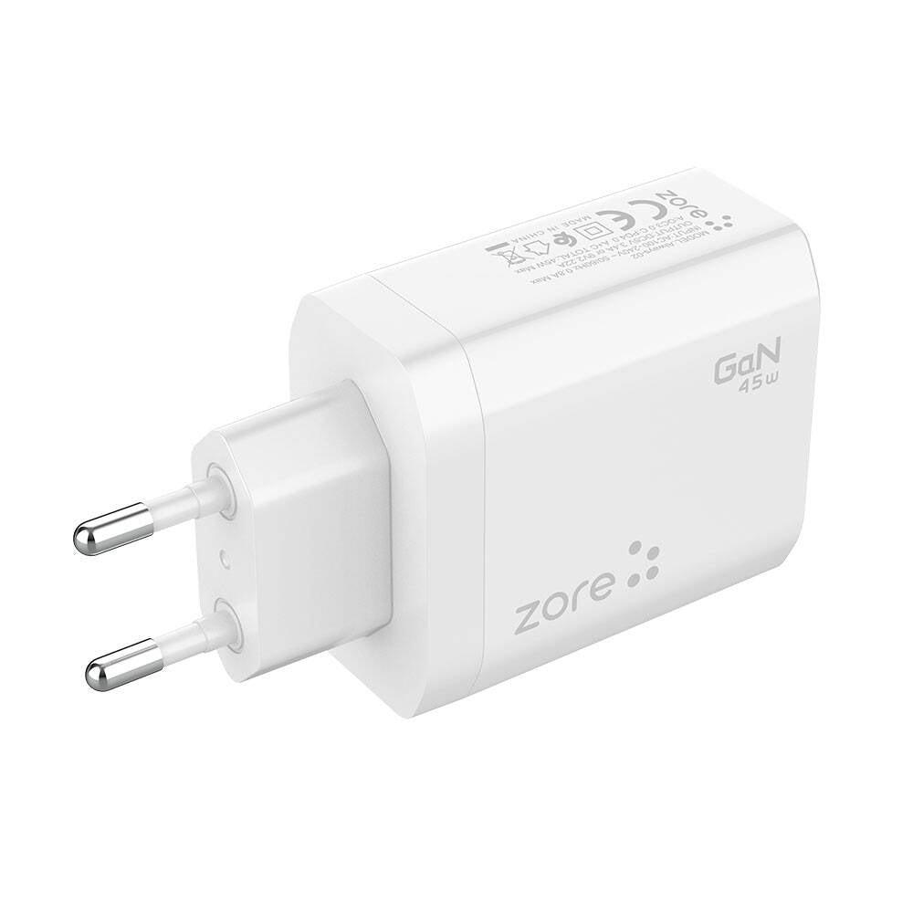 Zore Always-02 GaN Tech Type-C PD4.0 USB-A QC3.0 Hızlı Şarj Özellikli Seyahat Şarj Başlığı 45W Beyaz