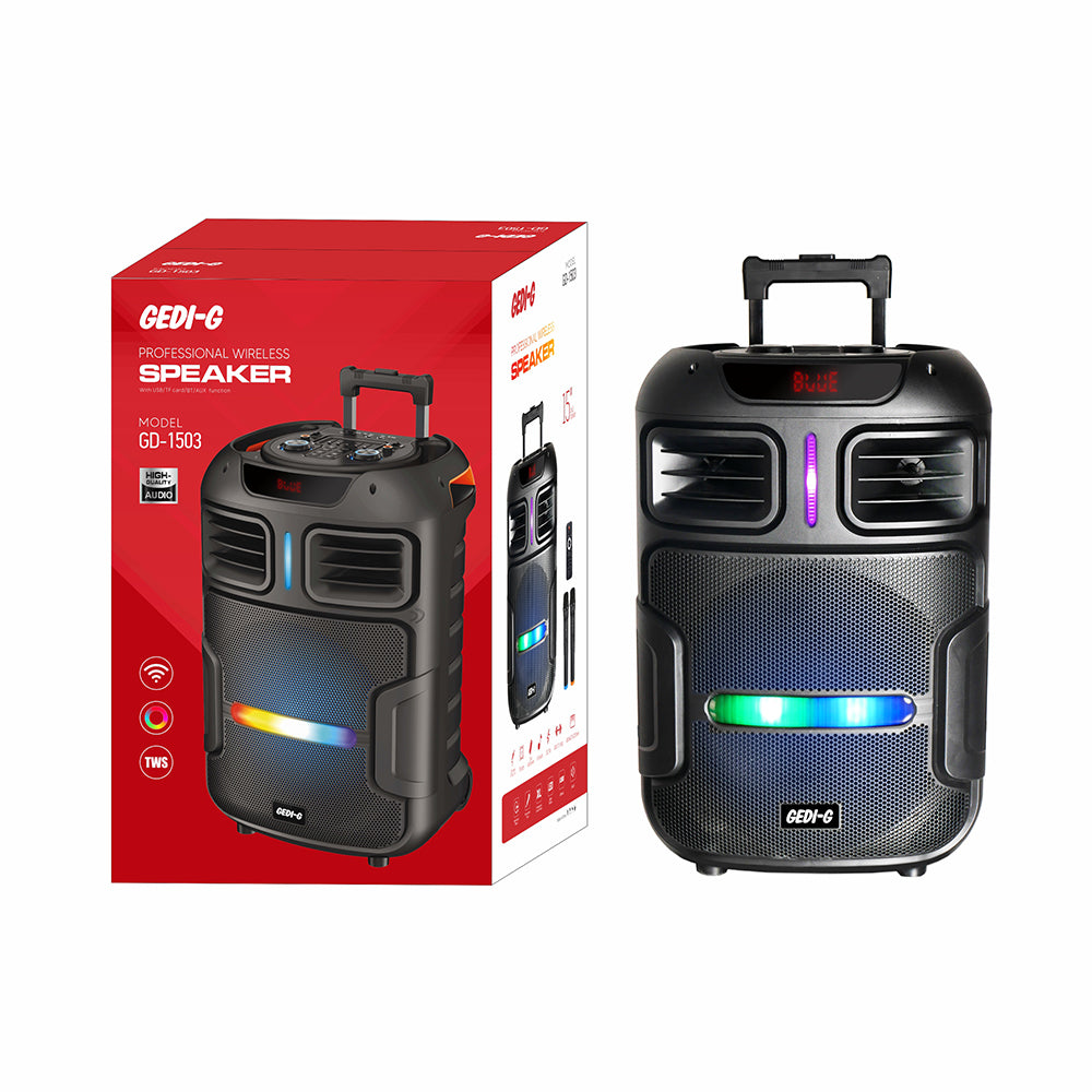 Zore GD-1503 Dijital LED Göstergeli FM Radyolu Mikrofonlu RGB TWS 15 inç Stereo Bass Kablosuz Karaoke Hoparlör Siyah