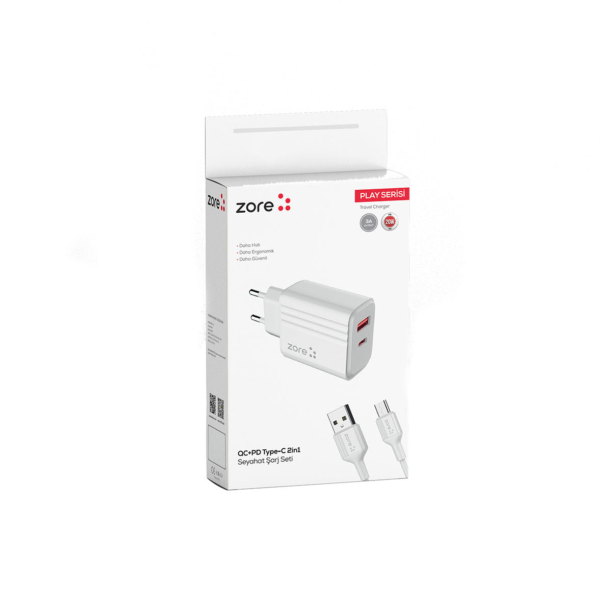 Zore Play Serisi PL06 Type-C 2in1 Seyahat Şarj Aleti 20W Beyaz