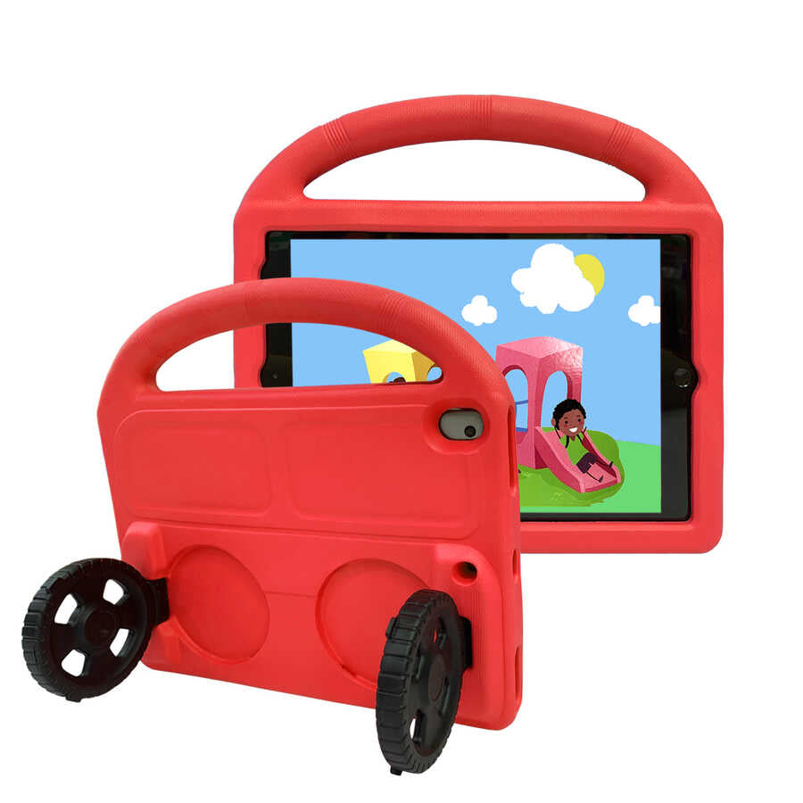 Apple iPad 10.2 (8.Nesil) Zore Wheel Car Tekerlek Standlı Tablet Eva Silikon Kılıf Kırmızı