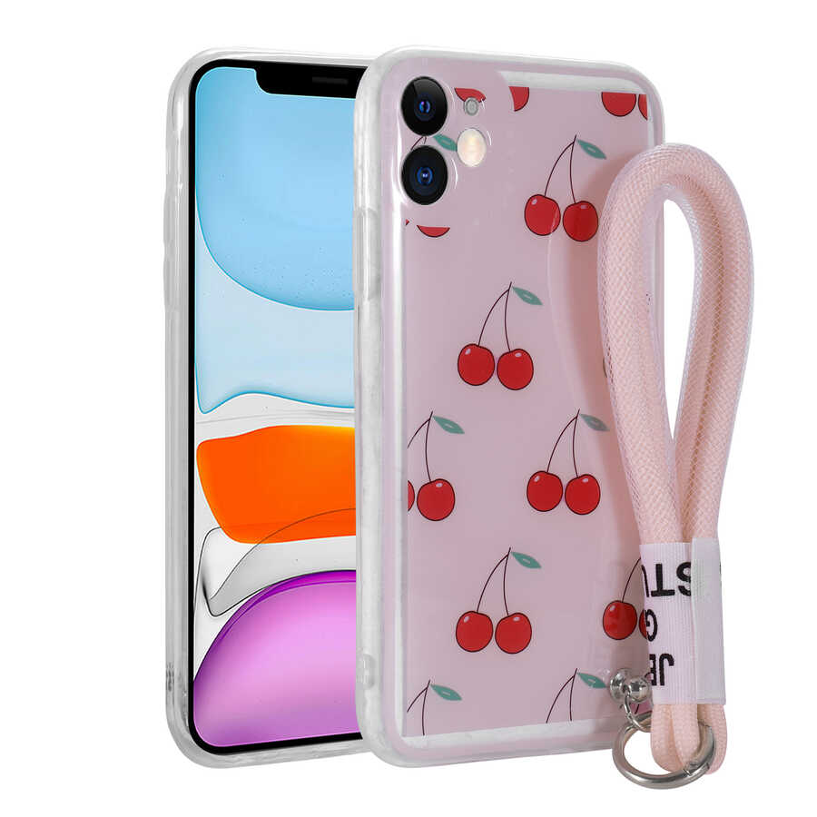 Apple iPhone 11 Kılıf Desenli El Askılı İpli Zore Astana Silikon Kapak Kiraz