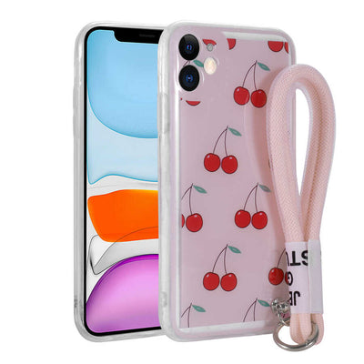 Apple iPhone 11 Kılıf Desenli El Askılı İpli Zore Astana Silikon Kapak Kiraz