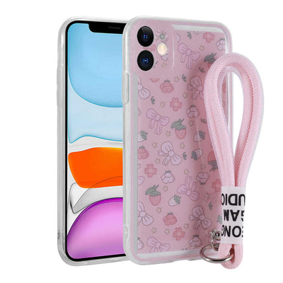 Apple iPhone 11 Kılıf Desenli El Askılı İpli Zore Astana Silikon Kapak Çilek