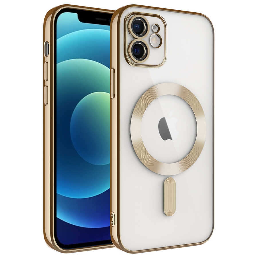 Apple iPhone 11 Kılıf Kamera Korumalı M-safe Wireless Şarj Özellikli Zore Demre Kapak Gold