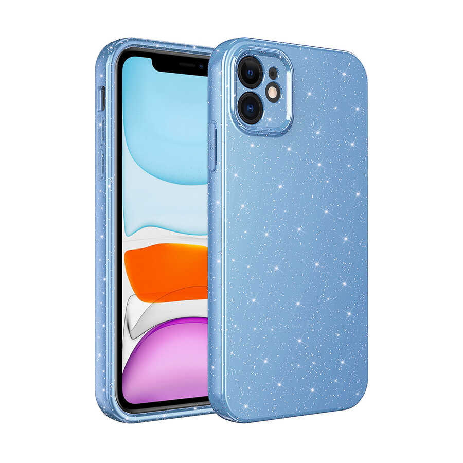 Apple iPhone 11 Kılıf Kamera Korumalı Simli Lüks Zore Koton Kapak Mavi Açık