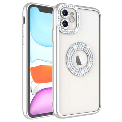 Apple iPhone 11 Kılıf Kamera Korumalı Taş Süslemeli Arkası Şeffaf Zore Asya Kapak Gümüş