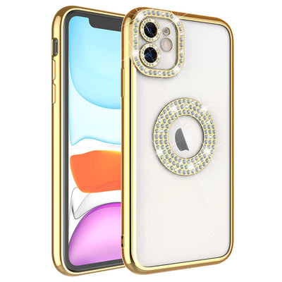 Apple iPhone 11 Kılıf Kamera Korumalı Taş Süslemeli Arkası Şeffaf Zore Asya Kapak Gold