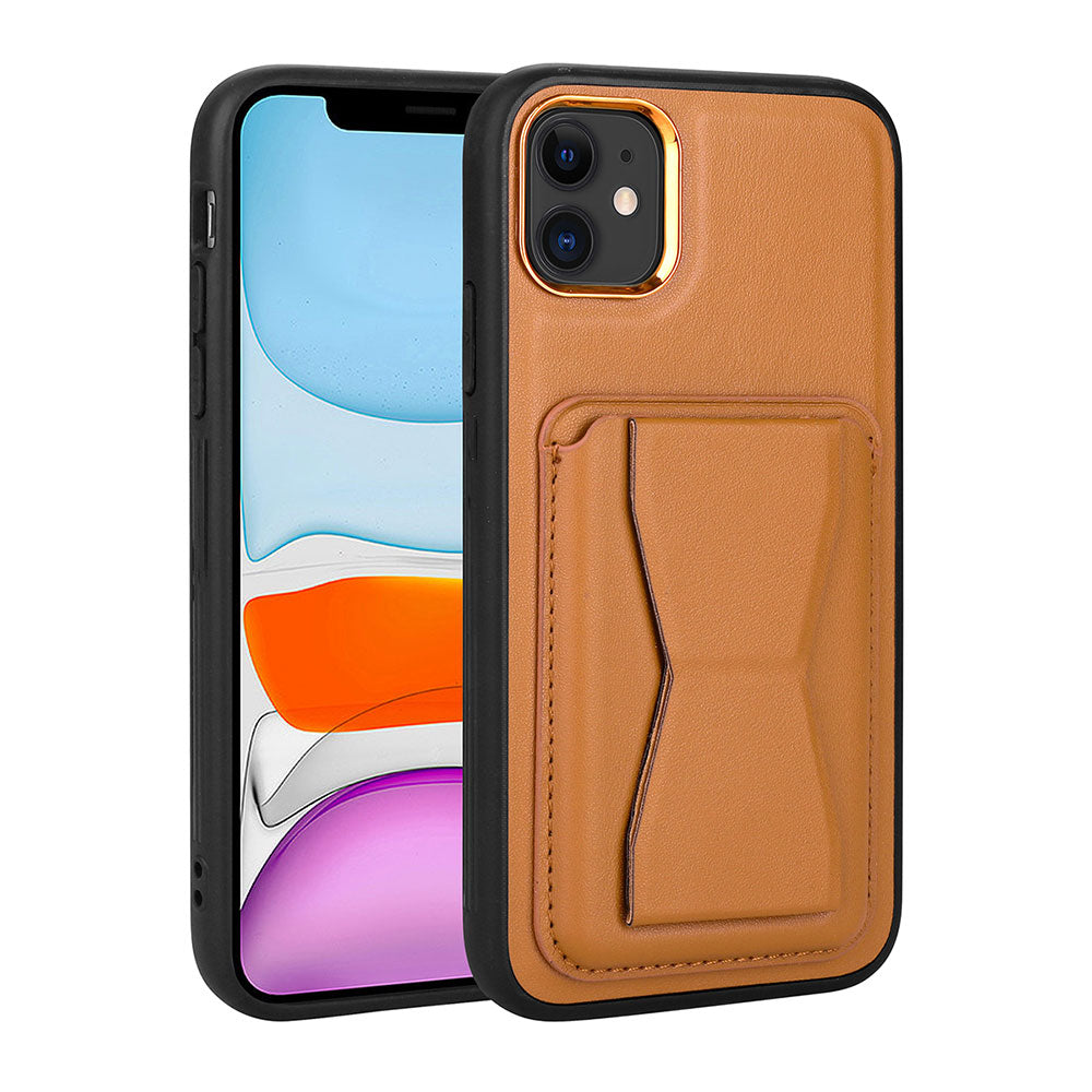 Apple iPhone 11 Kılıf Kartlıklı Standlı Pu Deri Zore Memo Kapak Kahve Açık