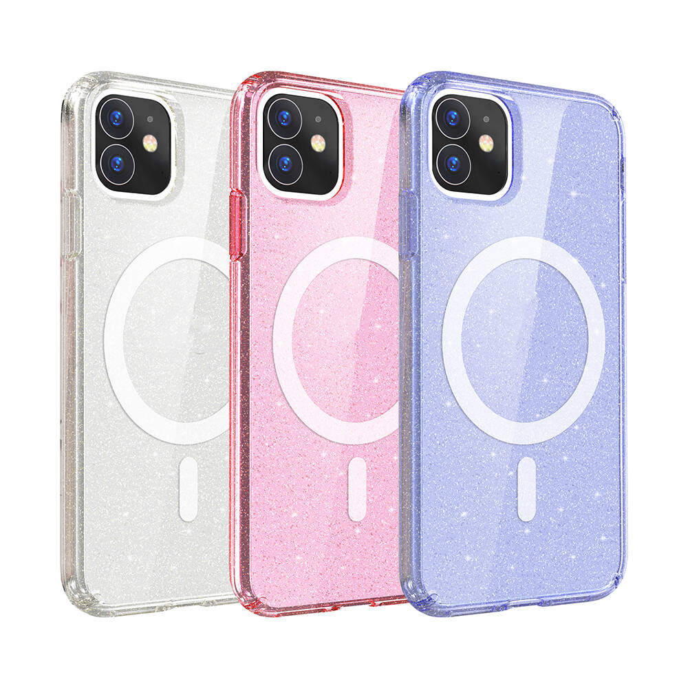 Apple iPhone 11 Kılıf M-safe Şarj Özellikli Parlayan Simli Saydam Renkli Zore Allstar Kapak Pembe