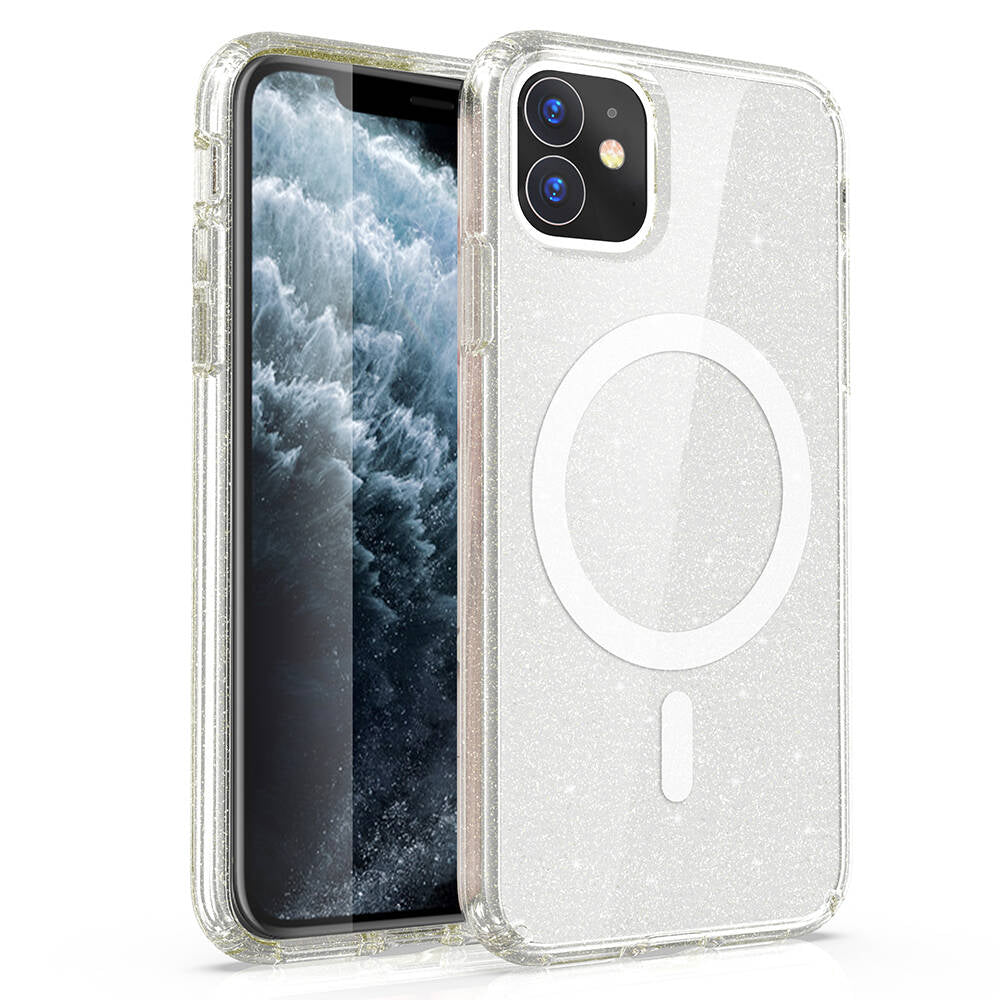 Apple iPhone 11 Kılıf M-safe Şarj Özellikli Parlayan Simli Saydam Renkli Zore Allstar Kapak Pembe