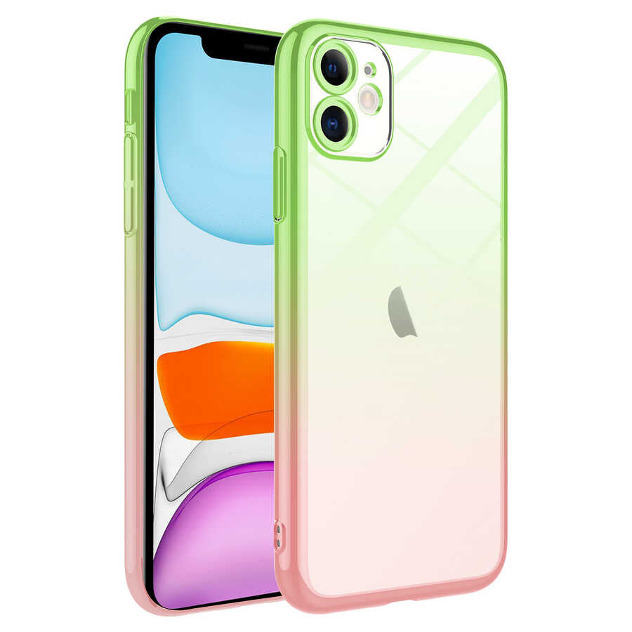 Apple iPhone 11 Kılıf Parlak Renk Geçişli Kamera Korumalı Zore Senkron Kapak Pembe-Yeşil