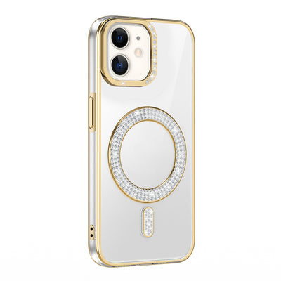 Apple iPhone 11 Kılıf Pırlanta Taş Tasarımlı M-safe Şarj Özellikli Zore Karetta Silikon Kapak Gold