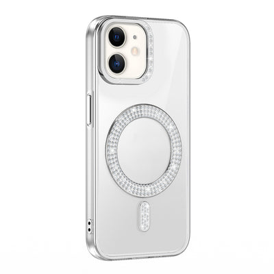 Apple iPhone 11 Kılıf Pırlanta Taş Tasarımlı M-safe Şarj Özellikli Zore Karetta Silikon Kapak Gümüş