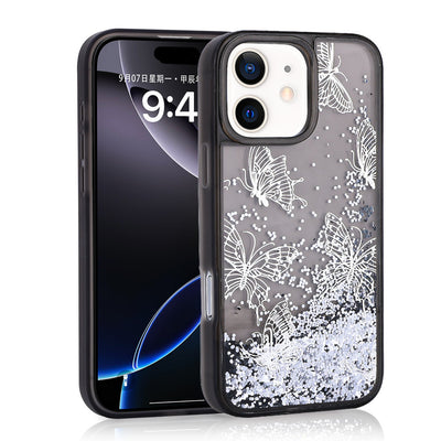 Apple iPhone 11 Kılıf Sıvılı Simli Kelebek Baskılı Şeffaf Arka Yüzey Zore Glis Silikon Kapak Mor