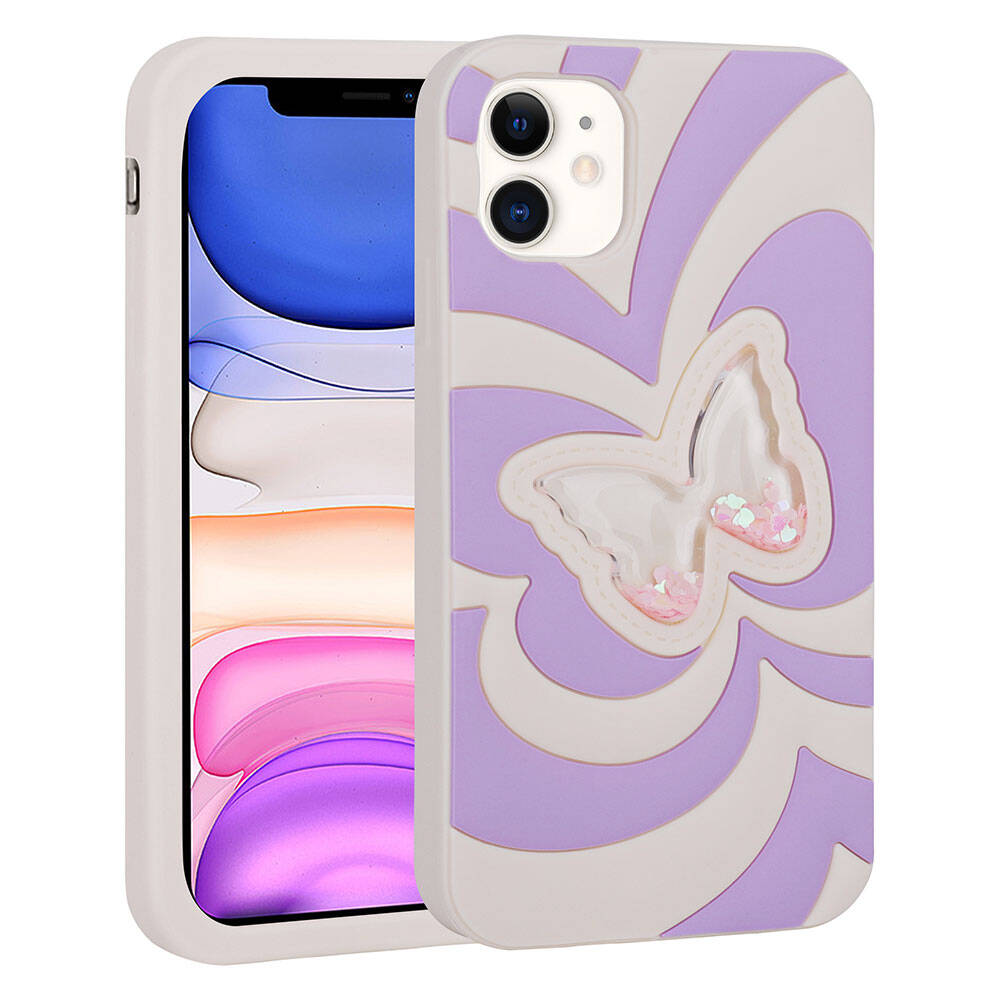 Apple iPhone 11 Kılıf Sıvılı Simli Kelebekli Tasarım Zore Vodena Kapak Lila