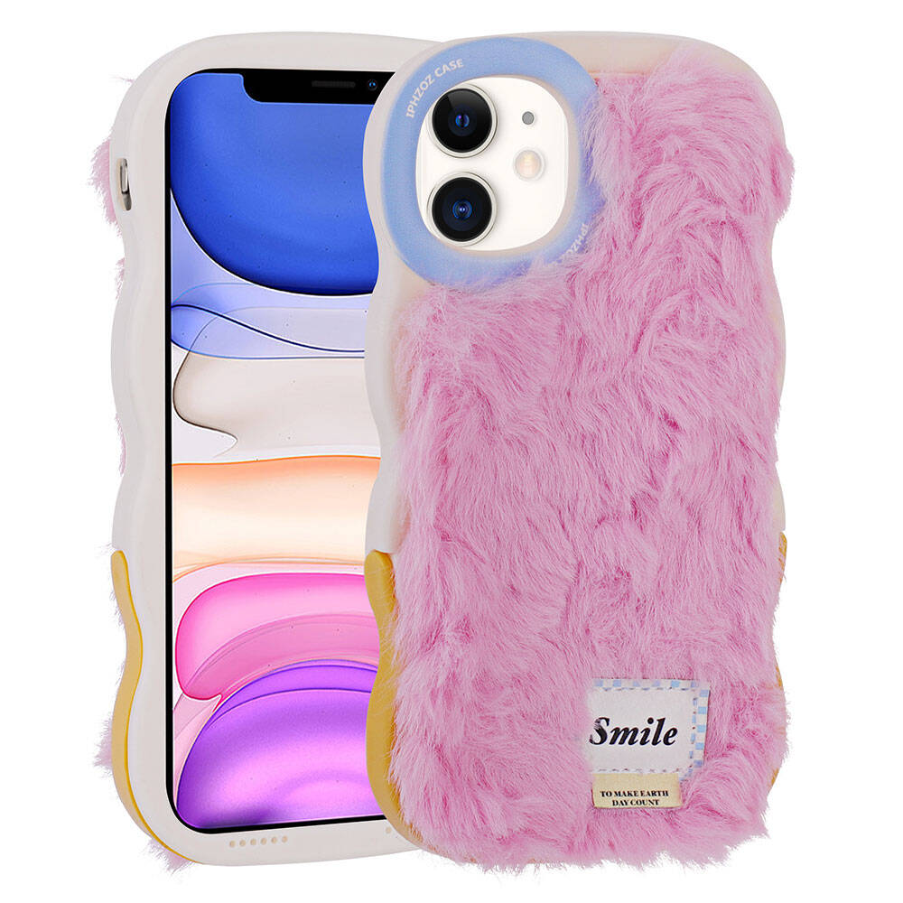 Apple iPhone 11 Kılıf Standlı Kamera Korumalı Tüylü Arka Yüzey Tasarım Zore Mona Kapak Pembe