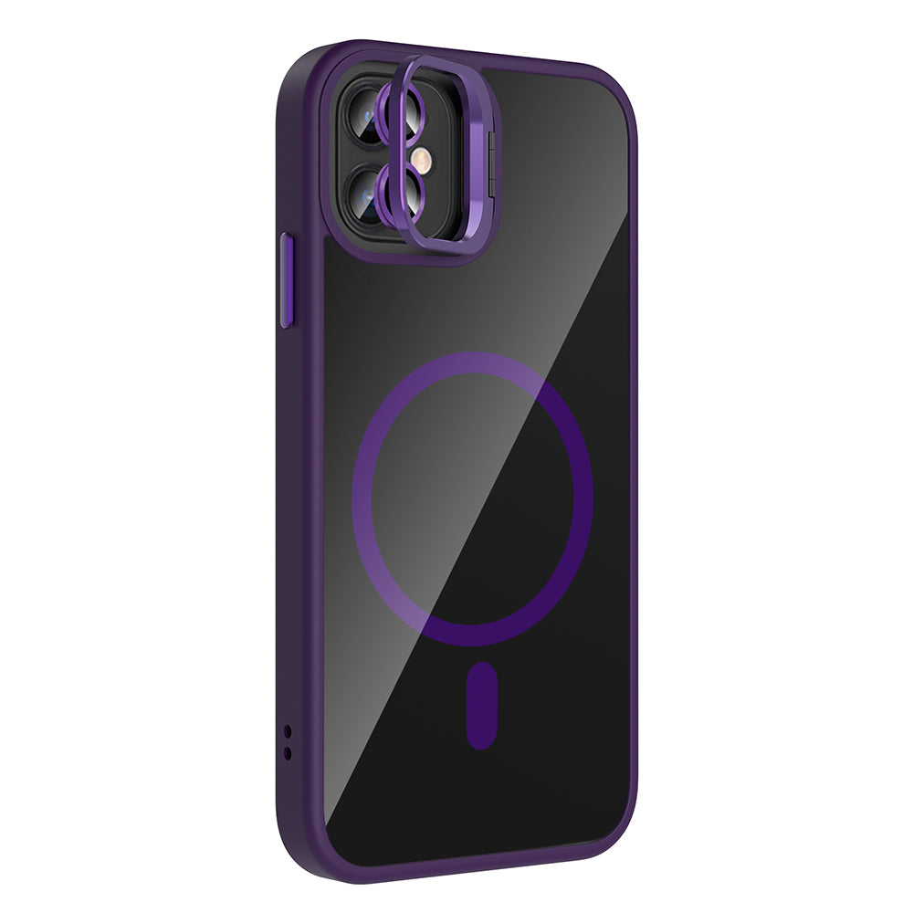 Apple iPhone 11 Kılıf Standlı ve Kamera Lens Hediyeli M-Safe Şarj Özellikli Zore Etro Kapak Derin Mor