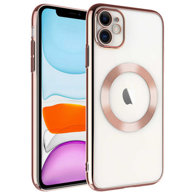 Apple iPhone 11 Kılıf Wireless Şarj Özellikli Sert PC Zore Riksos M-safe Kapak Rose Gold