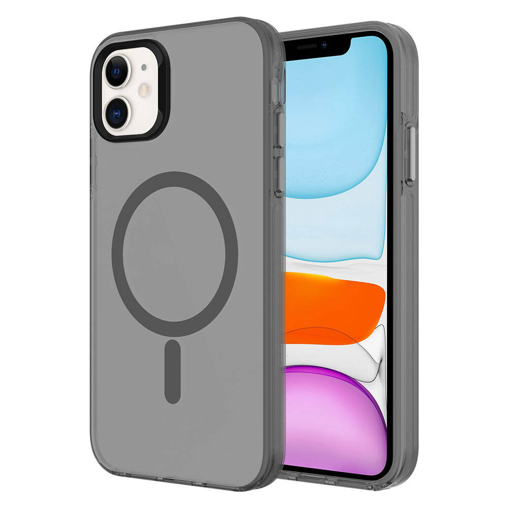Apple iPhone 11 Kılıf Zore M-safe Şarj Özellikli Buzlu Transparan C-Pro Sert Kapak Koyu Gri
