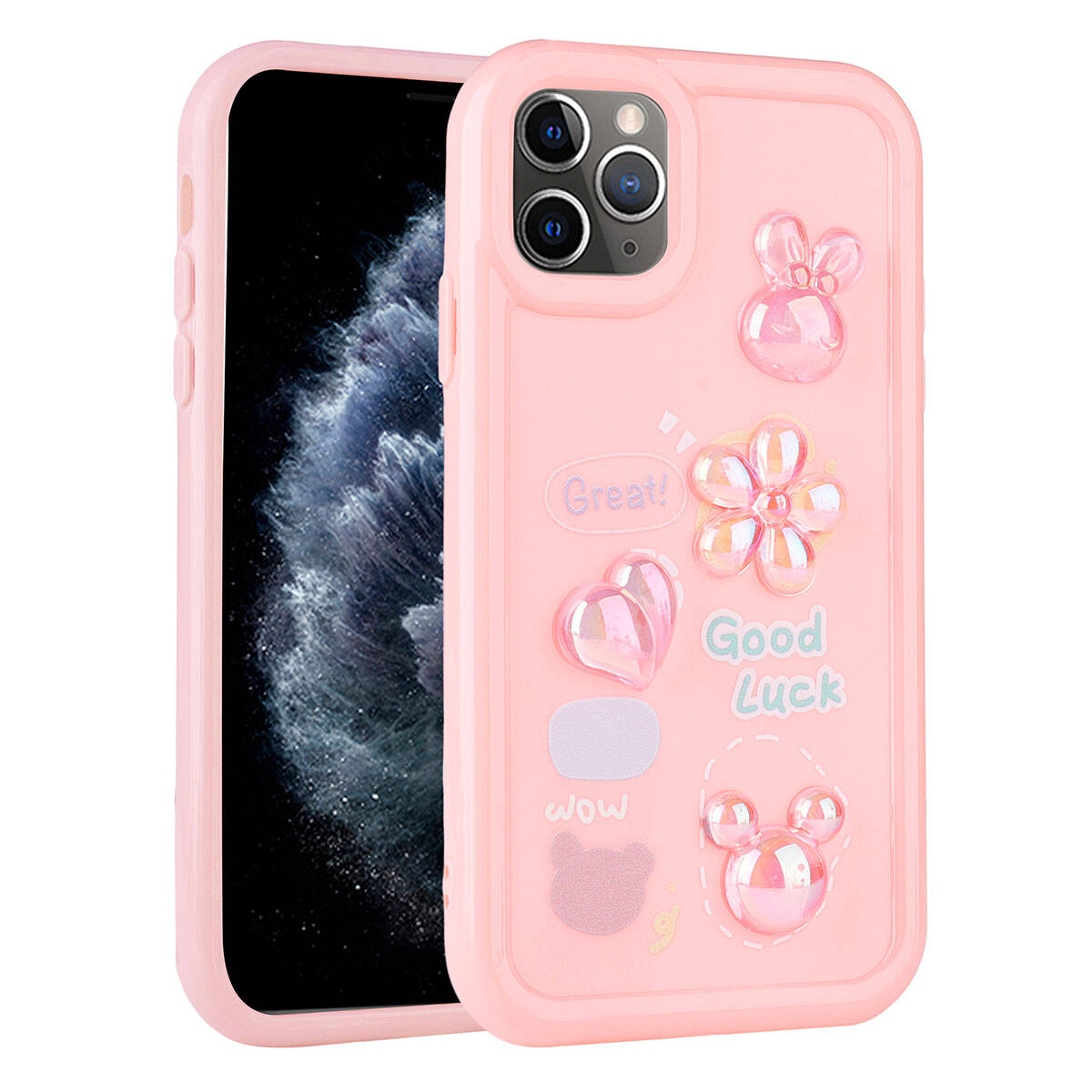 Apple iPhone 11 Pro Max Kılıf Kabartma Figürlü Parlak Zore Toys Silikon Kapak Pembe