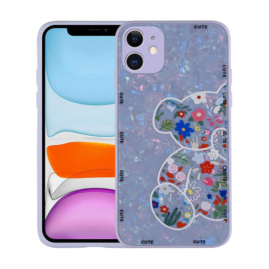 Apple iPhone 12 Kılıf Desenli Sert Silikon Zore Mumila Kapak Lilac Bear