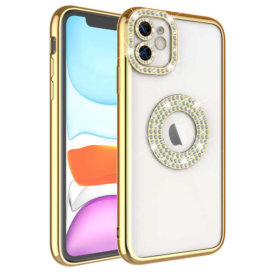 Apple iPhone 12 Kılıf Kamera Korumalı Taş Süslemeli Arkası Şeffaf Zore Asya Kapak Gold