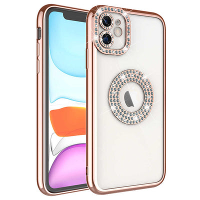 Apple iPhone 12 Kılıf Kamera Korumalı Taş Süslemeli Arkası Şeffaf Zore Asya Kapak Rose Gold