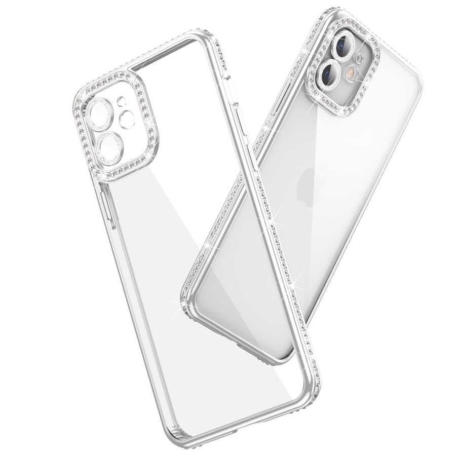 Apple iPhone 12 Kılıf Kamera Korumalı Taşlı Zore Mina Kapak Gümüş