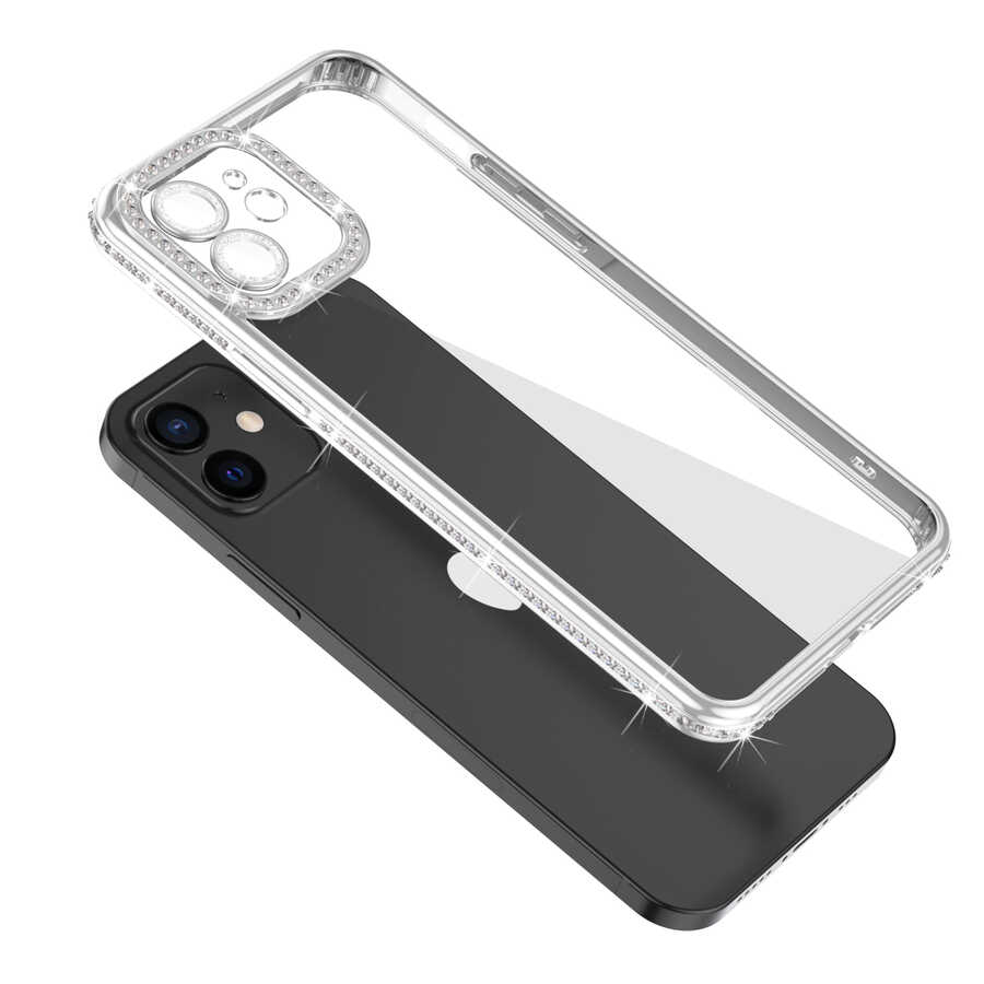 Apple iPhone 12 Kılıf Kamera Korumalı Taşlı Zore Mina Kapak Rose Gold