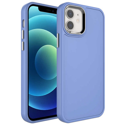 Apple iPhone 12 Kılıf Metal Çerçeve ve Buton Tasarımlı Sert Zore Botox Kapak Lavendery Gray