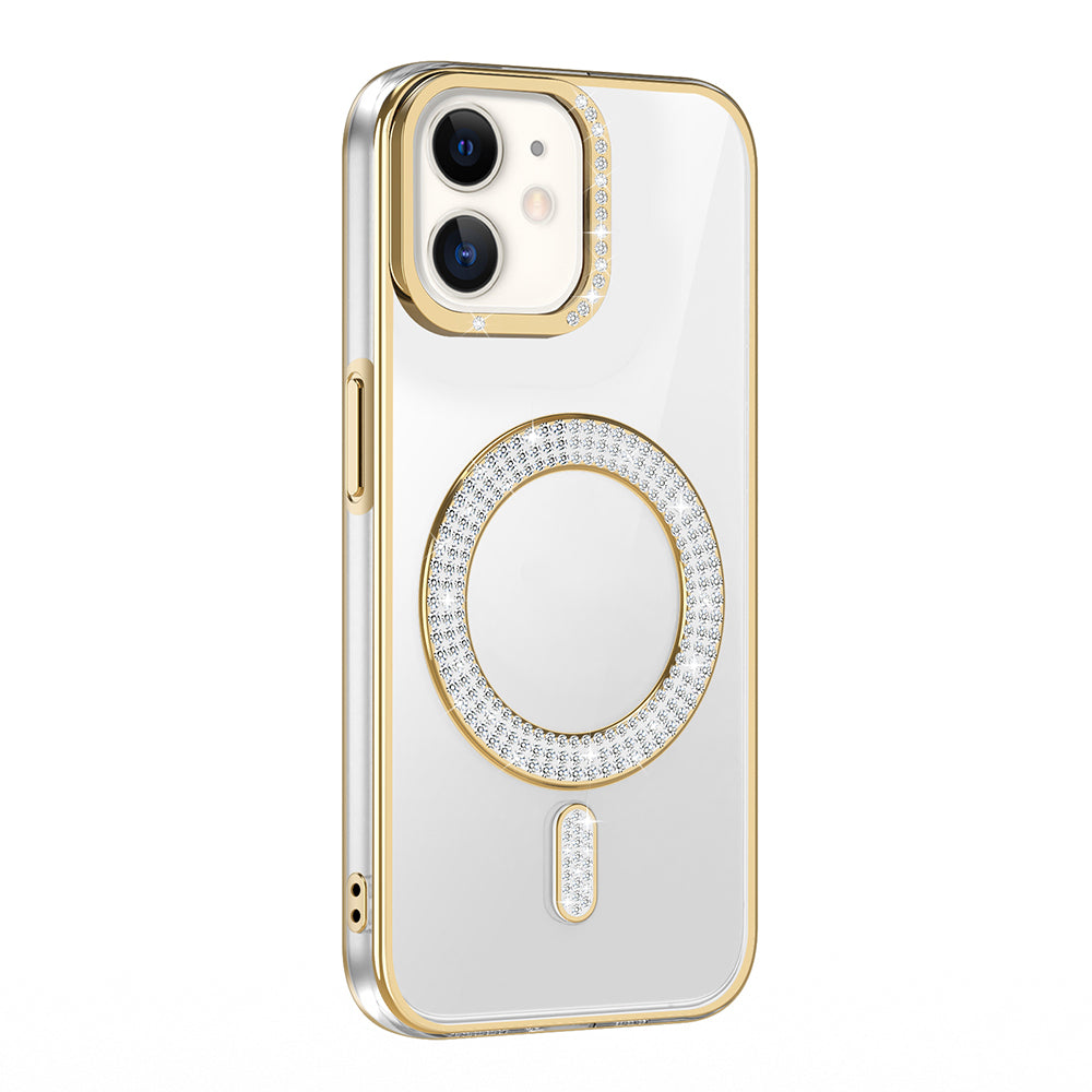 Apple iPhone 12 Kılıf Pırlanta Taş Tasarımlı M-safe Şarj Özellikli Zore Karetta Silikon Kapak Rose Gold