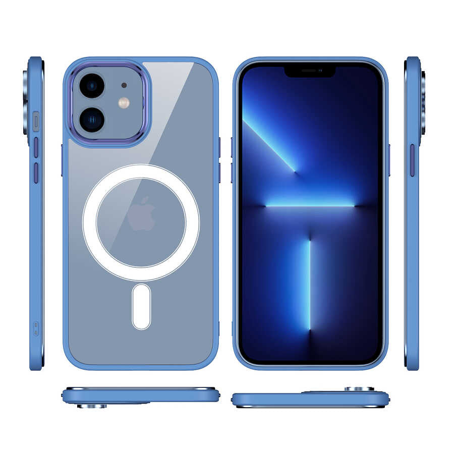 Apple iPhone 12 Kılıf Wireless Şarj Özellikli Zore Krom M-safe Silikon Kapak Mavi