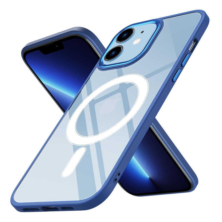 Apple iPhone 12 Kılıf Wireless Şarj Özellikli Zore Krom M-safe Silikon Kapak Lacivert