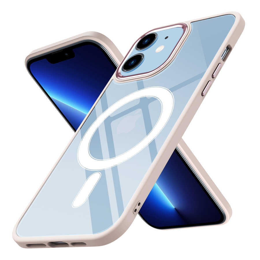Apple iPhone 12 Kılıf Wireless Şarj Özellikli Zore Krom M-safe Silikon Kapak Pembe Açık