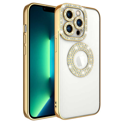 Apple iPhone 12 Pro Kılıf Kamera Korumalı Taş Süslemeli Arkası Şeffaf Zore Asya Kapak Siyah