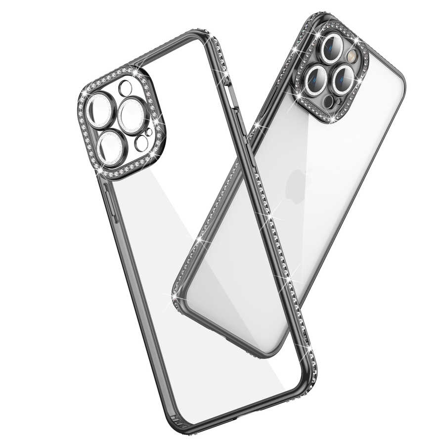 Apple iPhone 12 Pro Kılıf Kamera Korumalı Taşlı Zore Mina Kapak Mavi