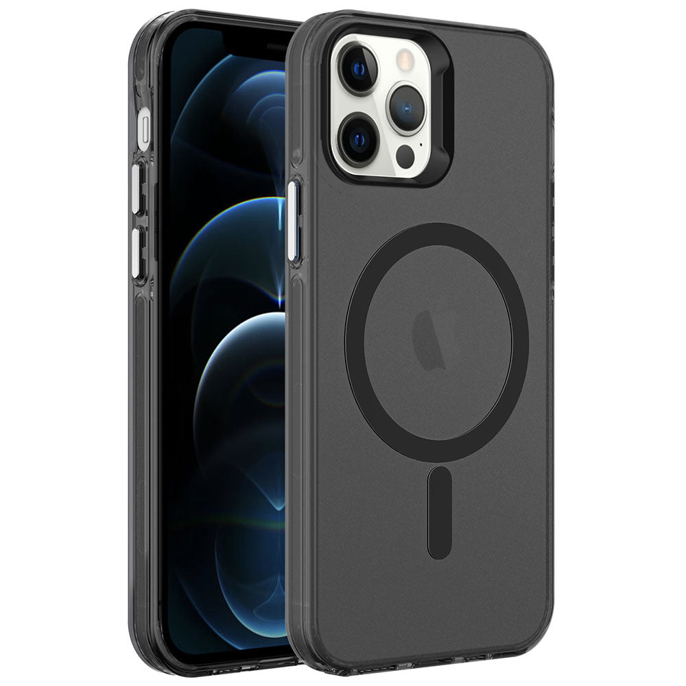 Apple iPhone 12 Pro Kılıf Zore M-safe Şarj Özellikli Buzlu Transparan C-Pro Sert Kapak Siyah
