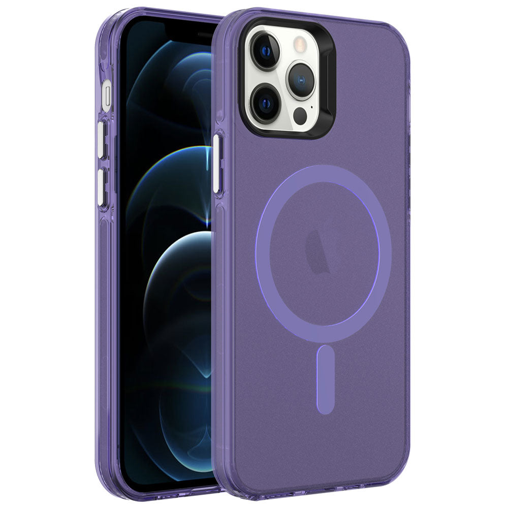Apple iPhone 12 Pro Kılıf Zore M-safe Şarj Özellikli Buzlu Transparan C-Pro Sert Kapak Derin Mor